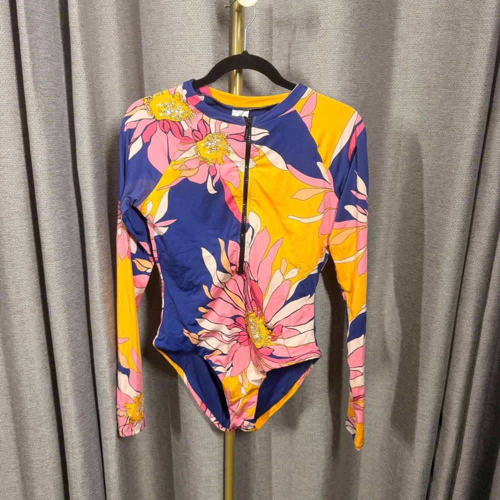 Trina Turk Floral Long Sleeve One Piece Swimsuit & Cover Up Set Blue Pink Large
